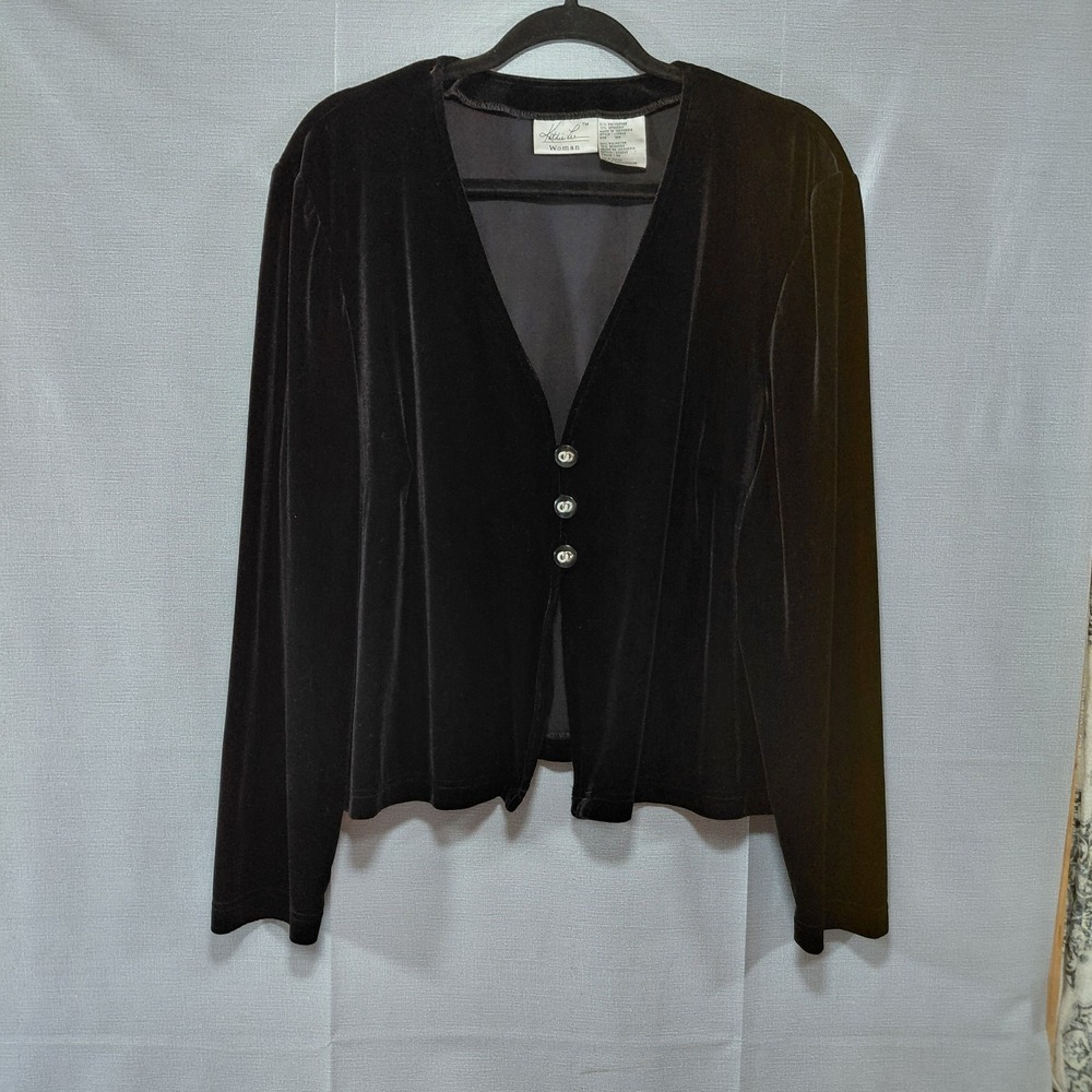 Vtg Kathie Lee Woman Velour Peasant Blazer Sz 18W Black 3-Button Velvet Goth